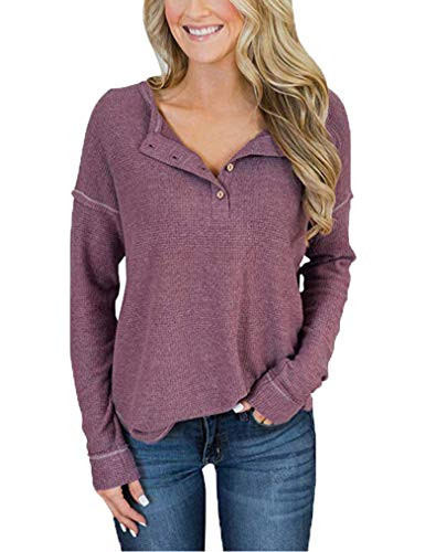 Womens Henley Shirts V Neck Long Sleeve Button Down Tops Warm Waffle Knit Tees L