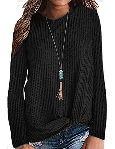 TODOLOR Women Long Sleeve T Shirts Casual Twist Knot Top Loose Blouse Cute Tunic Black M