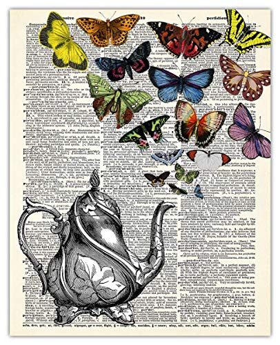 Whimsical Kettle and Butterflies Dictionary Wall Art Print  Unique Room Decor -  8x10  Unframed Picture - Great Gift Idea Under  15