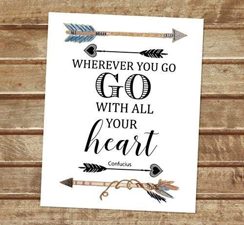 Wherever You Go  Go With All Your Heart  Confucius Quote Art Print  Unframed 8 inch x10 inch  Art Poster  Wall Decor  Arrows and Feathers  Inspirational Quote Wall Art P726