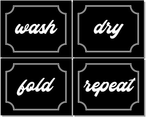 Wash Dry Fold Repeat - Laundry Room Wall Decor Art Prints  Set of 4  - Black and White - Unframed - 8x10