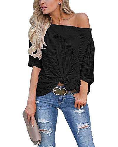 LACOZY Women s Casual Waffle Knit Off the Shoulder Tops Side Twist Knot Batwing Shirt Tunic Blouse Black Medium