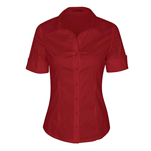 SUNNOW Womens Tailored Short Sleeve Basic Simple Button-Down Shirt with Stretch  M  Red