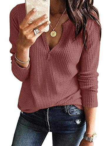 Women s V Neck Waffle Knit Henley Tops Casual Long Sleeve Pullover Sweater Blouses  Rose Red  Medium