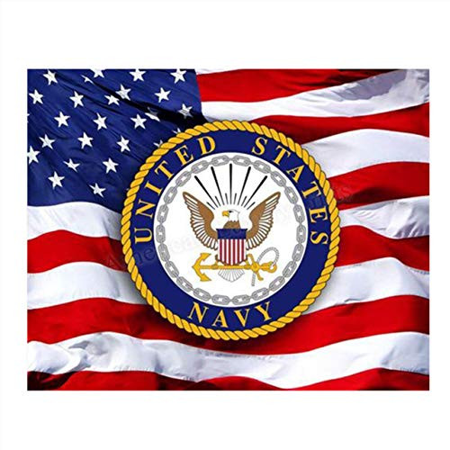 US Navy Emblem on USA Flag- 8 x 10 inch - Wall Art Prints- Ready To Frame- Official Navy Seal and Old Glory Proudly Waving-Replica Poster Prints. Home-Office-Military Decor. Display Your Pride  and  Respect.