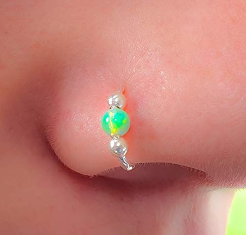 Clip on Nose Ring- Fake Nose Hoop -  Opal Faux Nose Piercings - 20G No Piercing Needed - 925 sterling silver Green Opal Face Nose ring
