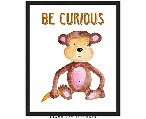 Be Curious Safari Monkey Nursery Decor  8x10 Unframed Baby Room Art Prints - Gift Idea for Any Baby Girl or Boy Nursery Wall Decor