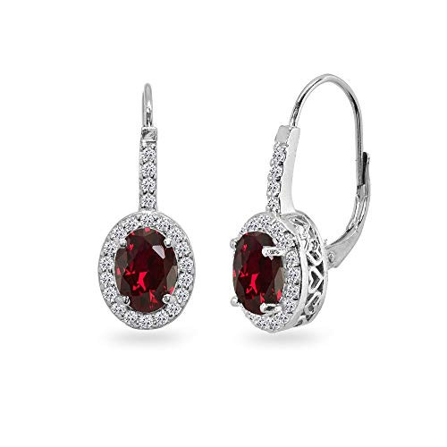 Sterling Silver Synthetic Ruby  and  Cubic Zirconia 8x6mm Oval Halo Drop Leverback Earrings