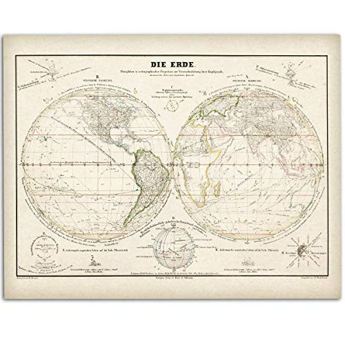 German Map of The World - 11x14 Unframed Art Print - Great Vintage Gift and Decor for History Buffs and Old Map Enthusiasts Under  15