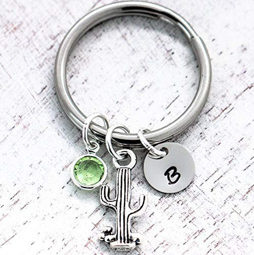 Cactus Keychains for Women - Personalized Cactus Keychain with Initial  and  Birthstone - Cactus Gifts for Teen Girls - Cacti Lovers - Made in the USA