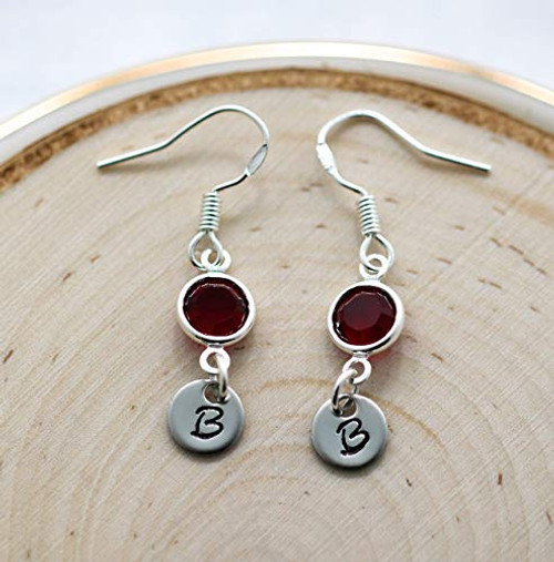 January Birthstone Earrings for Women - Garnet Birthstone Earrings - Personalized Initial - 925 Sterling Silver Hooks January Birthstone Earrings for Women - Garnet Birthstone Earrings - Personalized Initial - 925 Sterling Silver Hooks