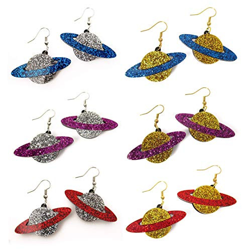 Saturn Ring Planet Galaxy Glitter Dangle Earrings  Space Statement Earrings
