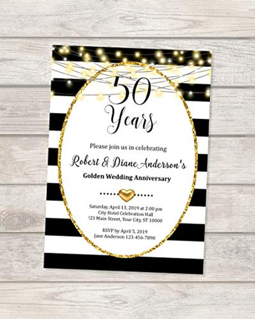 50th Golden Wedding Anniversary Invitation Black White Stripes String of Lights 50th Anniversary Invitation  Black  and  Gold Anniversary Invite