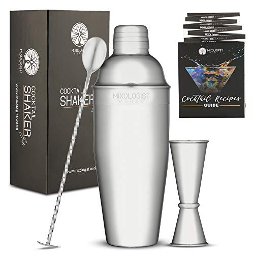 Mixology Cocktail Shaker Bartender Set - 3 pieces 24 oz Bar Tools Kit Accessories - Stainless Steel Martini Shaker with Built-in Strainer  Mixing Spoon  Measuring Jigger  Recipes Booklet