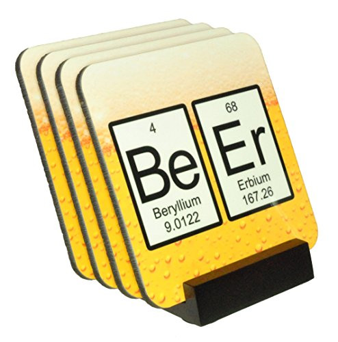 Beer Periodic Table of Elements Coaster Set - 4 Piece Cork Back Set  Wood Holder Included