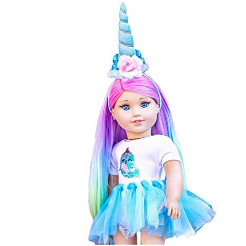 MY GENIUS DOLLS Narwhal Doll Clothes. Fits 18 inch Dolls Like Our Generation  My Life  American Girl Doll. Accessories  Outfits  Horn  Reversible Sequin Patch and Tutu  Doll Not Included