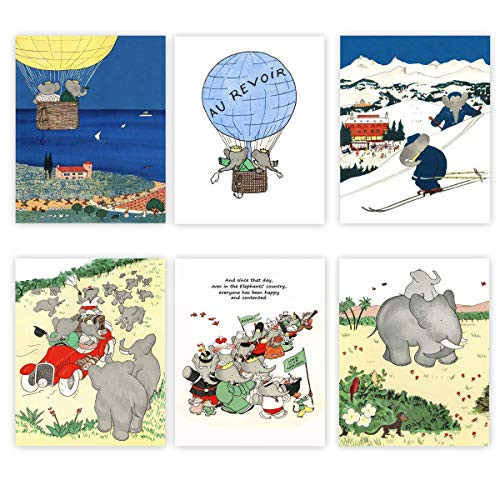 Babar the Elephant Prints Boy Nursery Wall Art Baby Boys Room Childrens Decor Set of 6 Adventures - Unframed