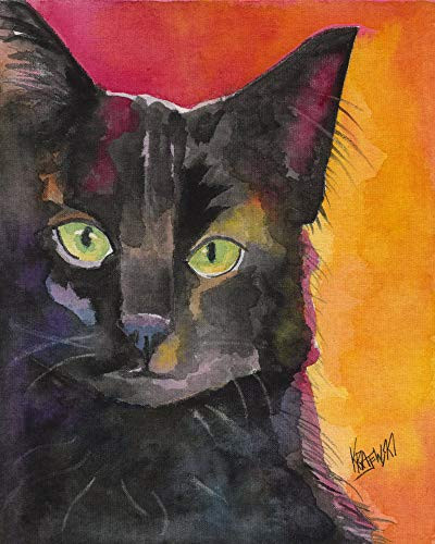 Black Cat Art Print   Black Cat Gifts   From Original Watercolor Painting by Ron Krajewski   Hand Signed in 8x10 and 11x14 Sizes