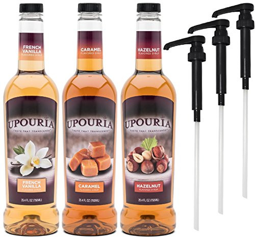 Upouria French Vanilla  Caramel  and  Hazelnut Flavored Syrup  100 Percent Vegan and Gluten-Free  750ml bottles - Set of 3 - Pumps included
