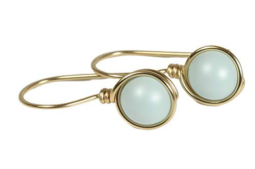 Gold Light Blue Pearl Earrings - Wire Wrapped Pastel Swarovski Handmade Jewelry