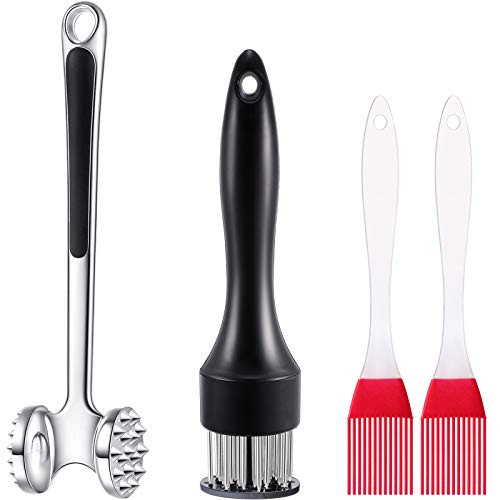 2 Pieces Meat Tenderizer Kit Include Dual-Sided Meat Mallet Stainless Steel Meat Hammer  21-Pin Stainless Steel Meat Tenderizer Needle and 2 Pieces Silicone Brush for Kitchen Cooking  BBQ