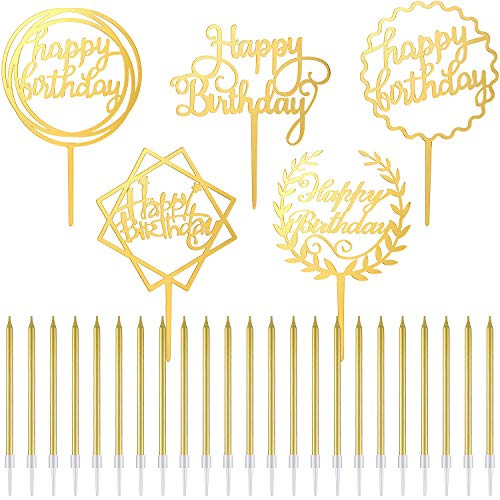 24 Pieces Birthday Cake Candles Metallic Long Thin Cake Candles and 5 Pieces Happy Birthday Cake Toppers Acrylic Cupcake Toppers for Birthday Cake Decoration  Gold
