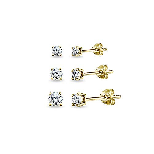 3 Pair Set Yellow Gold Flashed Sterling Silver Cubic Zirconia Round Stud Earrings  3mm 4mm 5mm