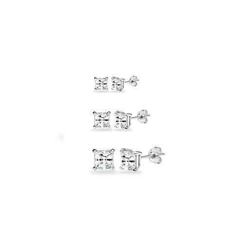 3-Pair Set Sterling Silver White Topaz Princess-Cut Square Stud Earrings  3mm 4mm 5mm