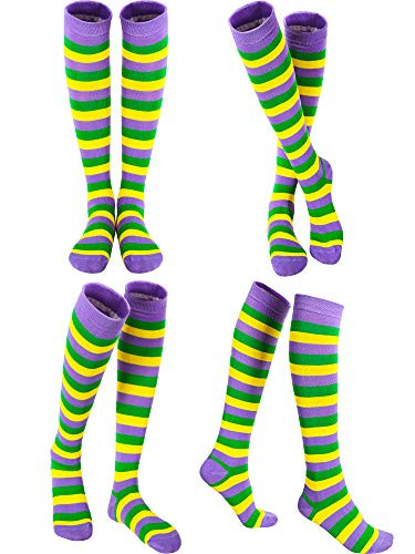 4 Pair Women Girls Colorful Striped Knee Socks High Witch Knee Socks High Socks  Purple  Green and Yellow