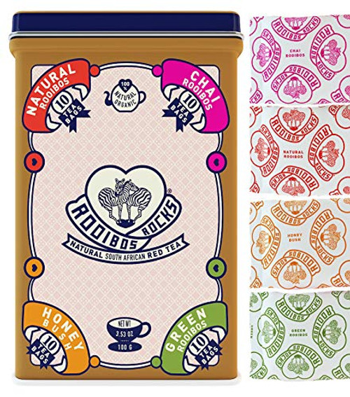 Rooibos Tea Immune Support Variety Tin - 40 USDA Organic Non GMO Caffeine Free Tagless Herbal Tea Bags. Natural Green Chai Rooibos Plus Honeybush Tea Gift Set. Feel the Goodness and boost your immunity Rooibos Tea Immune Support Variety Tin - 40 USDA Organic Non GMO Caffeine Free Tagless Herbal Tea Bags. Natural Green Chai Rooibos Plus Honeybush Tea Gift Set. Feel the Goodness and boost your immunity