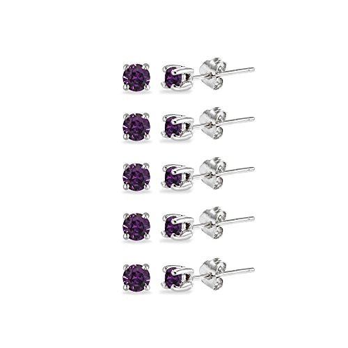 5-Pair Set Sterling Silver Purple 3mm Round Stud Earrings Made with Swarovski Crystals