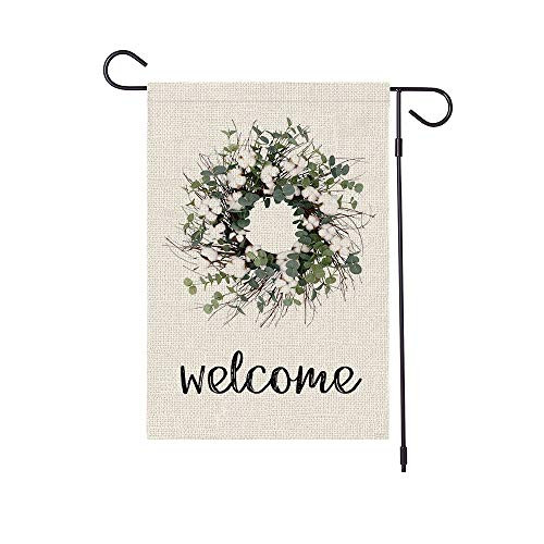 HABILY Cotton Wreath Garden Flag Vertical Double Sided Burlap Yard Flags  Welcome House Flag 12.5 x 18 Inch for Summer Spring Yard Outdoor Decor