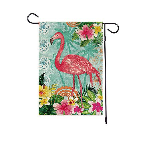 HABILY Flamingo Garden Flag Vertical Double Sided Colorful Flower Burlap Yard Flags  Welcome House Flag 12.5 x 18 Inch for Summer Spring Yard Outdoor Decor