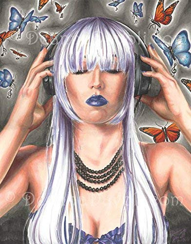 Headphone Girl Art Print Fantasy Art Butterfly Art Music Art Urban Portrait Funky Art Wall Art Home Decor 8x10  11x14