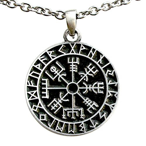 Vegvísir wayfinder Guidepost Safe Travel Compass Talisman Viking Pewter Pendant  Stainless Steel Chain