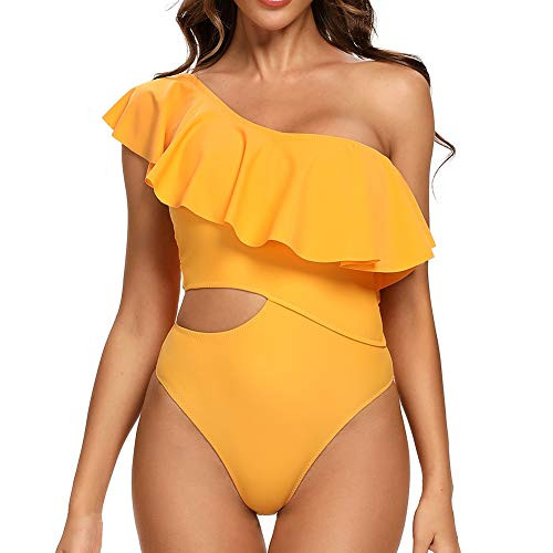 Dixperfect Women s One Piece Swimsuits One Shoulder Ruffle Monokini Bathing Suit Cut Out Side  M  Mango