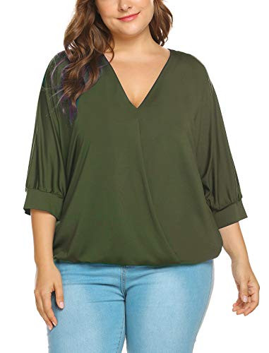 IN VOLAND Women Plus Size Tops-Wrap Blouse V Neck Front Drape Tops Casual Loose Shirt  16W-24W  Army Green