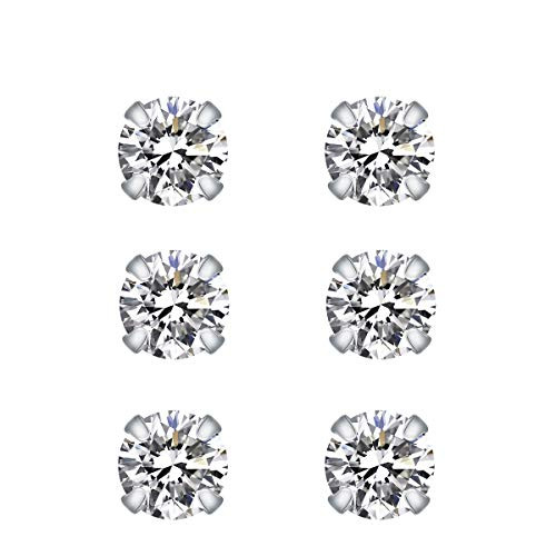 Sterling Silver Stud Earrings Round Cut Cubic Zirconia Inlaid 3mm 4mm 5mm Set 3 Pairs  4mm White 3 Pairs
