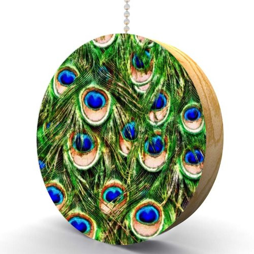 Peacock Feather Print Hardwood Oak Fan Light Pull