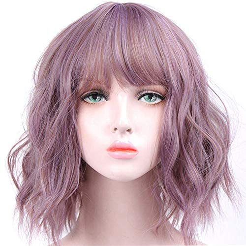 Akkya Lavender Purple Bob Wigs with Bangs for Women Short Colored Straight Synthetic Hair Purple Wig for Party Halloween Costume Cosplay  12inch Purple