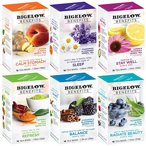 Bigelow Tea Benefits Wellness Teabag Variety Pack Mixed Caffeinated Green Matcha and Caffeine-Free Herbal Tea 18 Count Box Pack of 6 108 Tea Bags Total Bigelow Tea Benefits Wellness Teabag Variety Pack Mixed Caffeinated Green Matcha and Caffeine-Free Herbal Tea 18 Count Box Pack of 6 108 Tea Bags Total