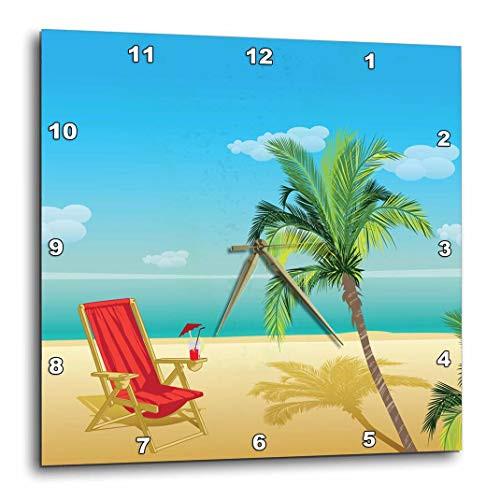 3dRose DPP_152538_1 Beach Scene with a Beach Chair and Palm Tree Wall Clock, 10 by 10-Inch