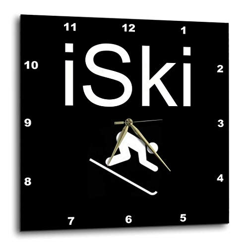 3dRose dpp_180057_1 Iski, White Lettering on Black Background with Picture of Skier-Wall Clock, 10 by 10-Inch