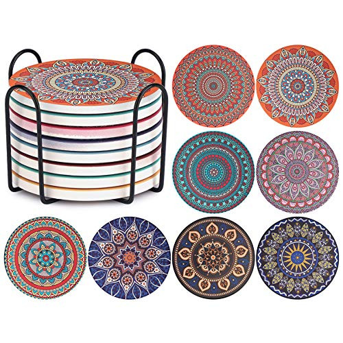 CHEFBEE Coasters for Drinks  Set of 8 Ceramic Absorbent Coasters with Holder  Stone Mandala Coaster Set with Cork Base  Housewarming Gift for Friends and Family  Great Home and Dining Room Decor