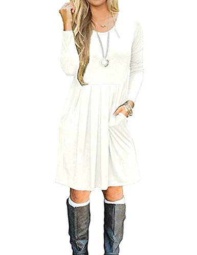 AUSELILY Women s Plus Size Long Sleeve Pleated Loose Swing Casual Dress with Pockets Knee Length  2XL  White