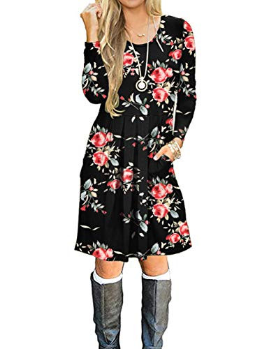 AUSELILY Women s Long Sleeve Pleated Loose Swing Casual Dress with Pockets Knee Length  M  H Rose Black