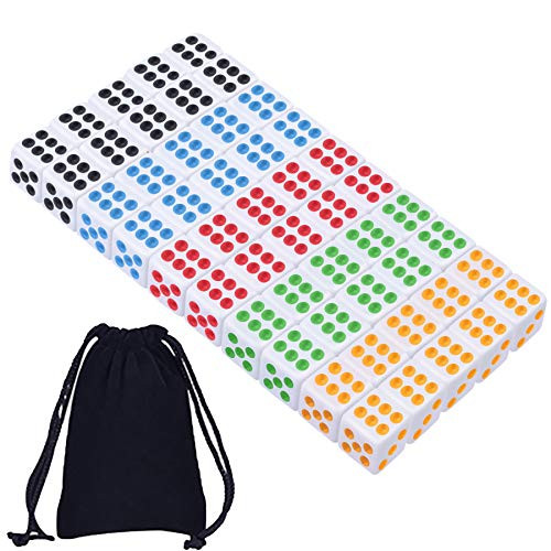 AUSTOR 50 Pieces White Dice with Colorful Pips 16mm Game Dice 6 Sided Square Corner Dices for Tenzi  Farkle  Yahtzee  Bunco or Teaching Math with a Velvet Drawstring Bag