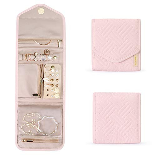 BAGSMART Travel Jewelry Organizer Case Foldable Jewelry Roll for Journey-Rings  Necklaces  Earrings  Bracelets  Light Pink  Mini