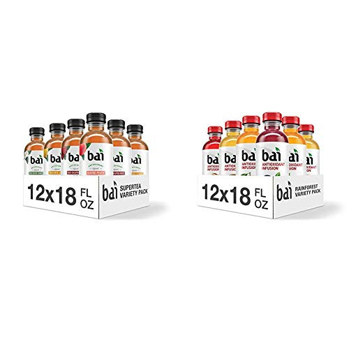 Bai Iced Tea  Crafted with Black Tea and White Tea  18 Fluid Ounce Bottles  12 count  and  Flavored Water  Rainforest Variety Pack  Antioxidant Infused Drinks  18 Fluid Ounce Bottles  12 Count