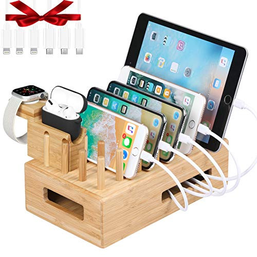 Bamboo Charging Station for Multiple Devices  Darfoo Charging Dock with iWatch  and  Airpods Pro Stand  Desktop Docking Station Organizer 6 Cables Included  No USB Charger